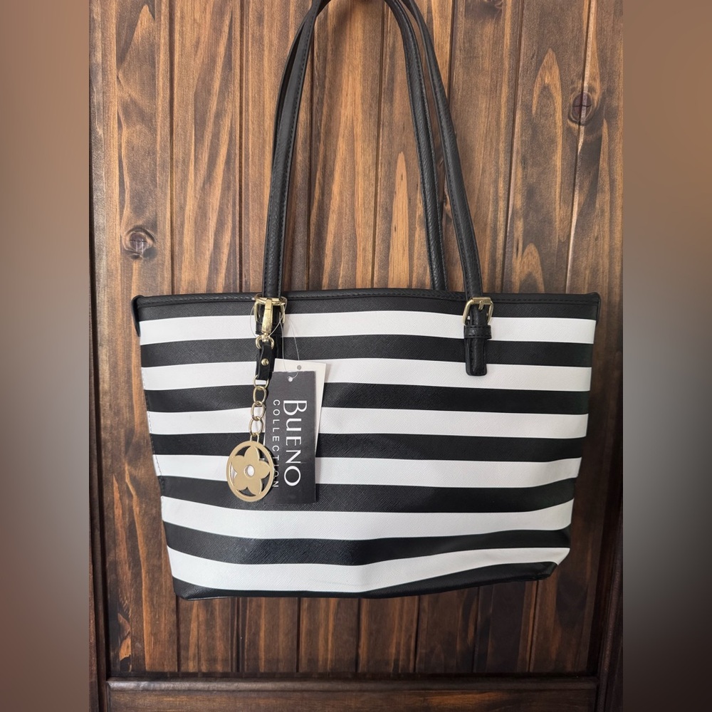 Bueno Black and White Striped Tote Bag